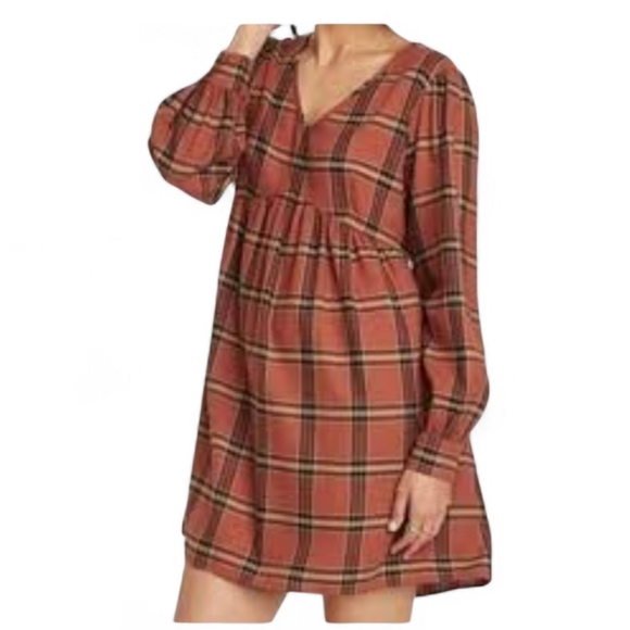 Knox Rose Dresses & Skirts - Knox Rose Terracotta Checkered Long Sleeve Dress Babydoll Mini XL Pockets V Neck